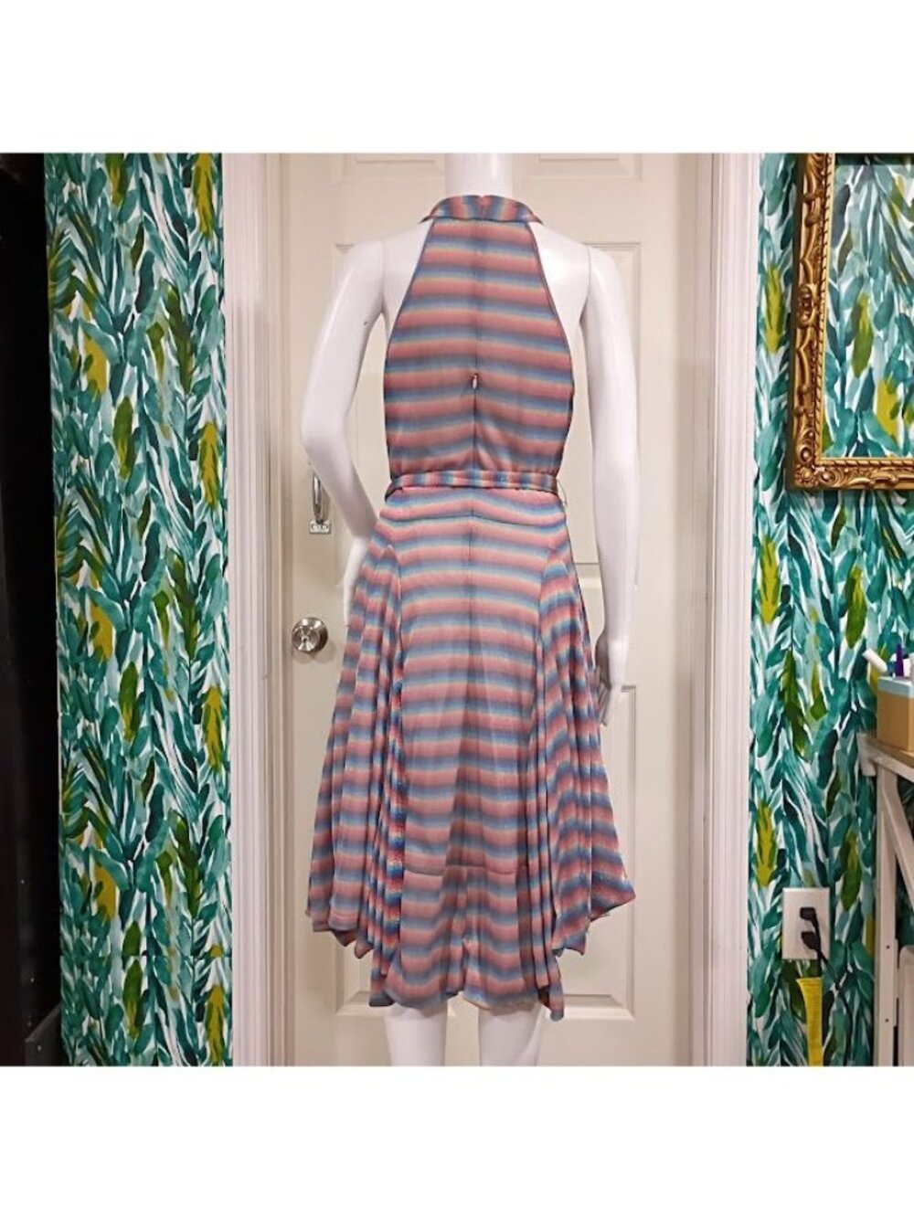 Samuel Dong Size M/L Striped Halter Midi Dress Handkerchief Hem & Metallic Sheen - Picture 2 of 15